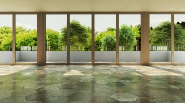 Büyük lüks, modern, parlak iç mekan. Oturma odası tasviri 3D canlandırma.