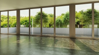 Büyük lüks, modern, parlak iç mekan. Oturma odası tasviri 3D canlandırma.