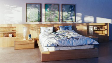 Büyük lüks, modern, parlak yatak odası 3 boyutlu resimleme.