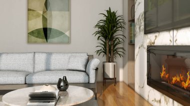 Büyük lüks, modern, parlak iç mekan. Oturma odası tasviri 3D canlandırma.