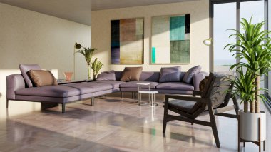 Büyük lüks, modern, parlak iç mekan. Oturma odası tasviri 3D canlandırma.