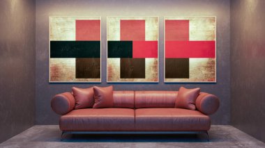 Büyük lüks, modern, parlak iç mekan. Oturma odası tasviri 3D canlandırma.