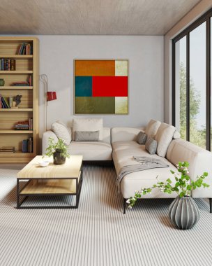 Büyük lüks, modern, parlak iç mekan. Oturma odası tasviri 3D canlandırma.