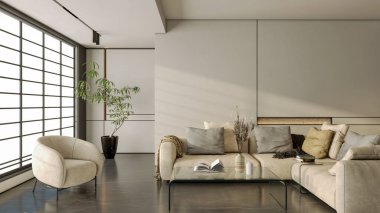 Büyük lüks, modern, parlak iç mekan. Oturma odası tasviri 3D canlandırma.