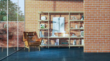 Büyük lüks, modern, parlak iç mekan. Oturma odası tasviri 3D canlandırma.