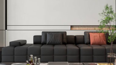 Büyük lüks, modern, parlak iç mekan. Oturma odası tasviri 3D canlandırma.