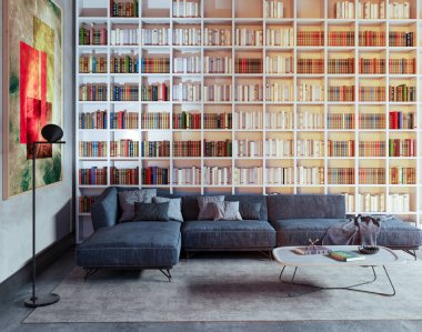 Büyük lüks, modern, parlak iç mekan. Oturma odası tasviri 3D canlandırma.