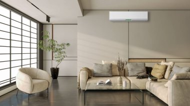 Büyük lüks, modern, aydınlık iç mekan. Klima modelleme çizimi 3D.