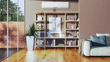 Büyük lüks, modern, aydınlık iç mekan. Klima modelleme çizimi 3D.