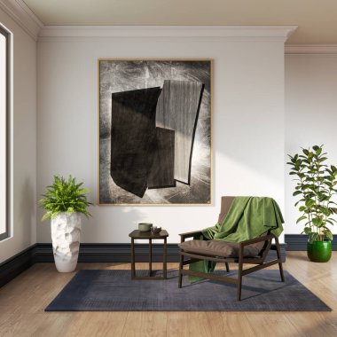 Büyük lüks, modern, parlak iç mekan. Oturma odası tasviri 3D canlandırma.