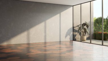 Boş oda. Büyük lüks, modern, parlak iç mekan. Oturma odası alay ediyor.