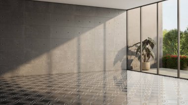 Boş oda. Büyük lüks, modern, parlak iç mekan. Oturma odası alay ediyor.