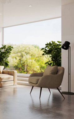 Büyük lüks, modern, parlak iç mekan. Oturma odası tasviri 3D canlandırma.