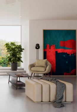 Büyük lüks, modern, parlak iç mekan. Oturma odası tasviri 3D canlandırma.