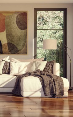 Büyük lüks, modern, parlak iç mekan. Oturma odası tasviri 3D canlandırma.