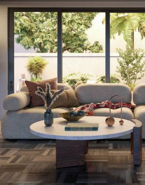 Büyük lüks, modern, parlak iç mekan. Oturma odası tasviri 3D canlandırma.