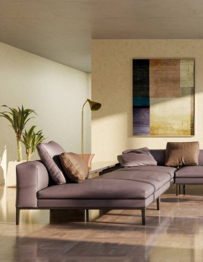 Büyük lüks, modern, parlak iç mekan. Oturma odası tasviri 3D canlandırma.