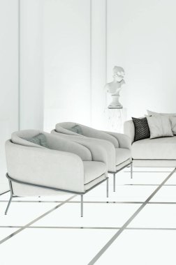 Büyük lüks, modern, parlak iç mekan. Oturma odası tasviri 3D canlandırma.