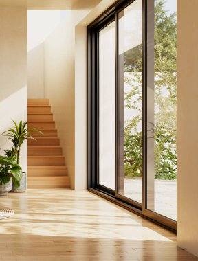 Büyük lüks, modern, parlak iç mekan. Oturma odası tasviri 3D canlandırma.