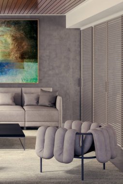 Büyük lüks, modern, parlak iç mekan. Oturma odası tasviri 3D canlandırma.