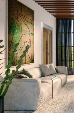 Büyük lüks, modern, parlak iç mekan. Oturma odası tasviri 3D canlandırma.