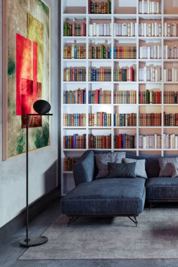 Büyük lüks, modern, parlak iç mekan. Oturma odası tasviri 3D canlandırma.