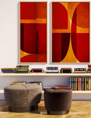 Büyük lüks, modern, parlak iç mekan. Oturma odası tasviri 3D canlandırma.