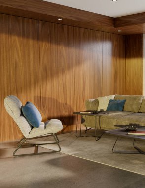 Büyük lüks, modern, parlak iç mekan. Oturma odası tasviri 3D canlandırma.