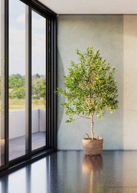 Büyük lüks, modern, parlak iç mekanlar. Oturma odası tasviri. 3D görüntüleme.