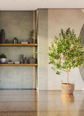 Büyük lüks, modern, parlak iç mekanlar. Oturma odası tasviri. 3D görüntüleme.