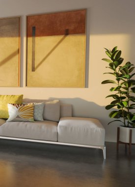 Büyük lüks, modern, parlak iç mekan. Oturma odası tasviri 3D canlandırma.