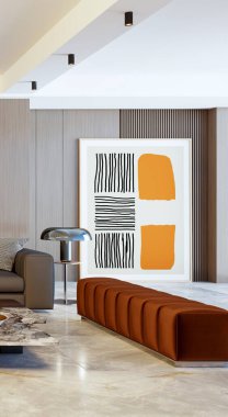 Büyük lüks, modern, parlak iç mekan. Oturma odası tasviri 3D canlandırma.