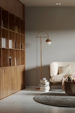 Büyük lüks, modern, parlak iç mekan. Oturma odası tasviri 3D canlandırma.