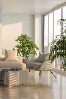 Büyük lüks, modern, parlak iç mekan. Oturma odası tasviri 3D canlandırma.