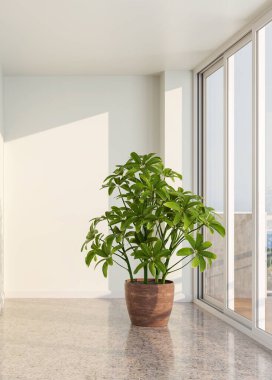 Büyük lüks, modern, parlak iç mekan. Oturma odası tasviri 3D canlandırma.