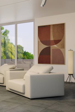 Büyük lüks, modern, parlak iç mekan. Oturma odası tasviri 3D canlandırma.