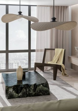 Büyük lüks, modern, parlak iç mekan. Oturma odası tasviri 3D canlandırma.