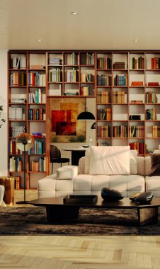 Büyük lüks, modern, parlak iç mekan. Oturma odası tasviri 3D canlandırma.