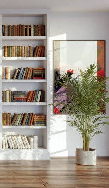 Büyük lüks, modern, parlak iç mekan. Oturma odası tasviri 3D canlandırma.