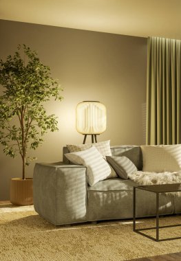 Büyük lüks, modern, parlak iç mekan. Oturma odası tasviri 3D canlandırma.