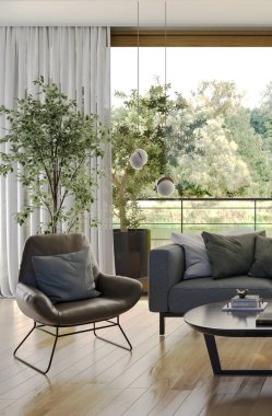 Büyük lüks, modern, parlak iç mekan 3D tasviri.