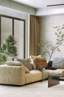 Büyük lüks, modern, parlak iç mekan. Oturma odası tasviri 3D canlandırma.