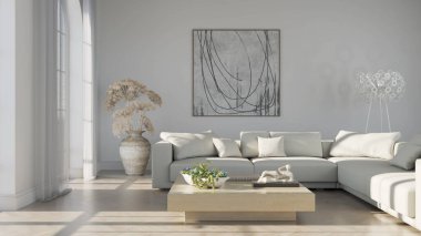 Büyük lüks, modern, parlak iç mekan. Oturma odası tasviri 3D canlandırma.