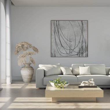 Büyük lüks, modern, parlak iç mekan. Oturma odası tasviri 3D canlandırma.