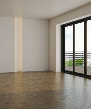 Büyük lüks, modern, parlak iç mekan. Oturma odası tasviri 3D canlandırma.