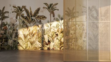 Büyük lüks, modern, parlak iç mekan. Oturma odası tasviri 3D canlandırma.