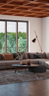 Büyük lüks, modern, parlak iç mekan. Oturma odası tasviri 3D canlandırma.