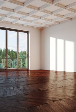 Büyük lüks, modern, parlak iç mekan. Oturma odası tasviri 3D canlandırma.