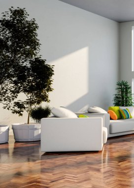 Büyük lüks, modern, parlak iç mekan. Oturma odası tasviri 3D canlandırma.