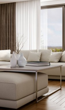 Büyük lüks, modern, parlak iç mekan. Oturma odası tasviri 3D canlandırma.